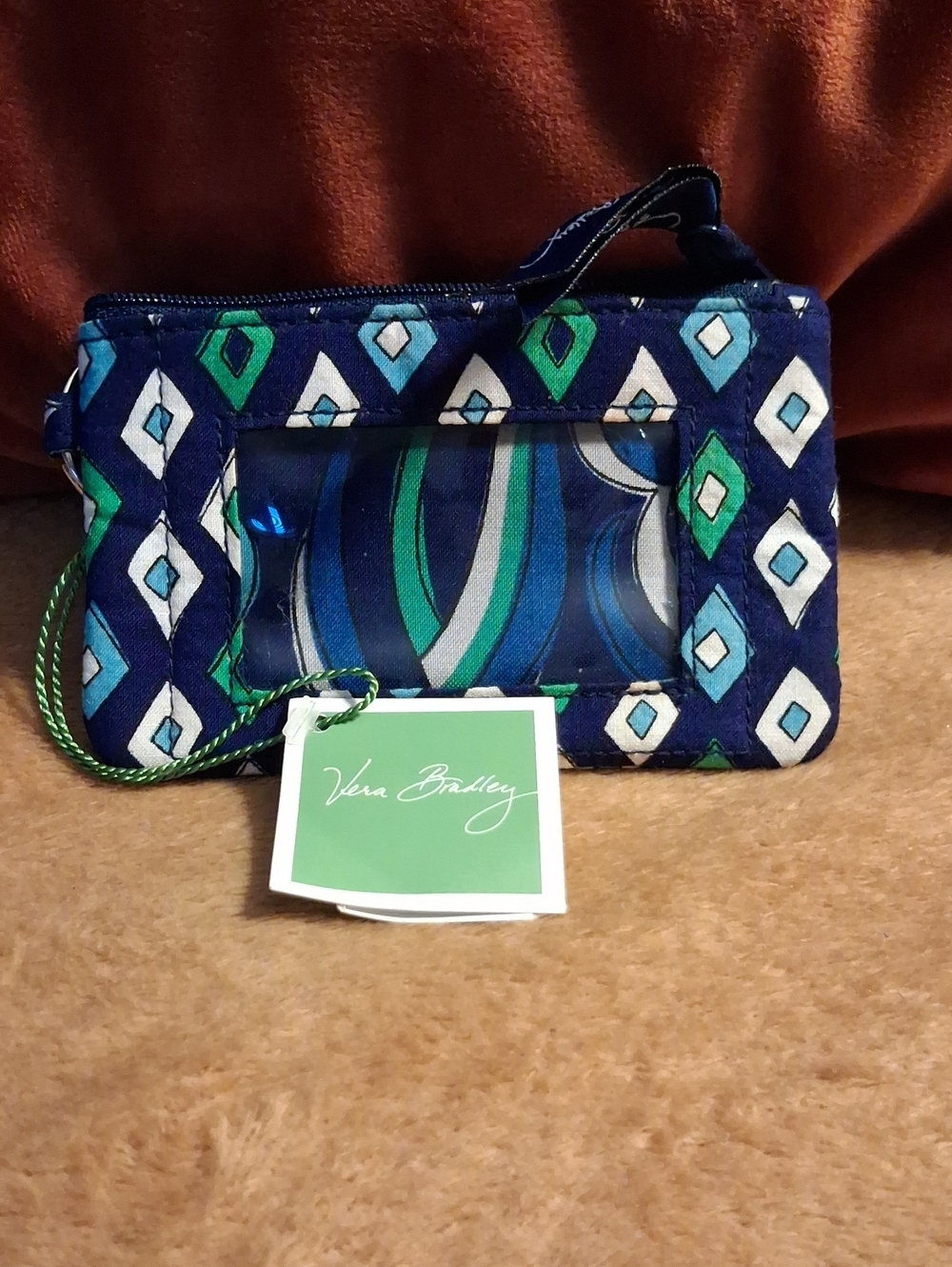 Vera Bradley Navy Quilted ID Wristlet with Green & White Diamond Print